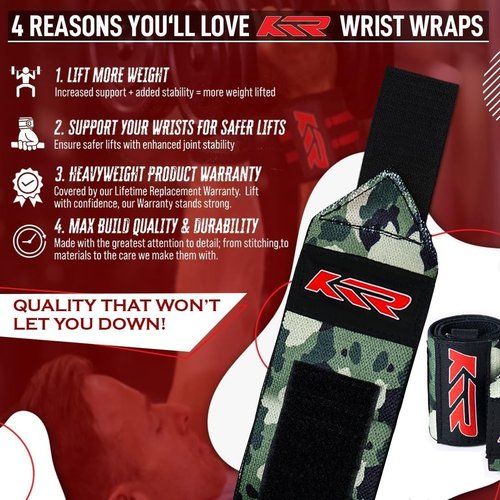 KTR Camo Printed Wrist Wraps for Men & Women | Premium Gym Wrist Straps for Powerlifting, Strength Training, & Weightlifting Support (Army Camo)