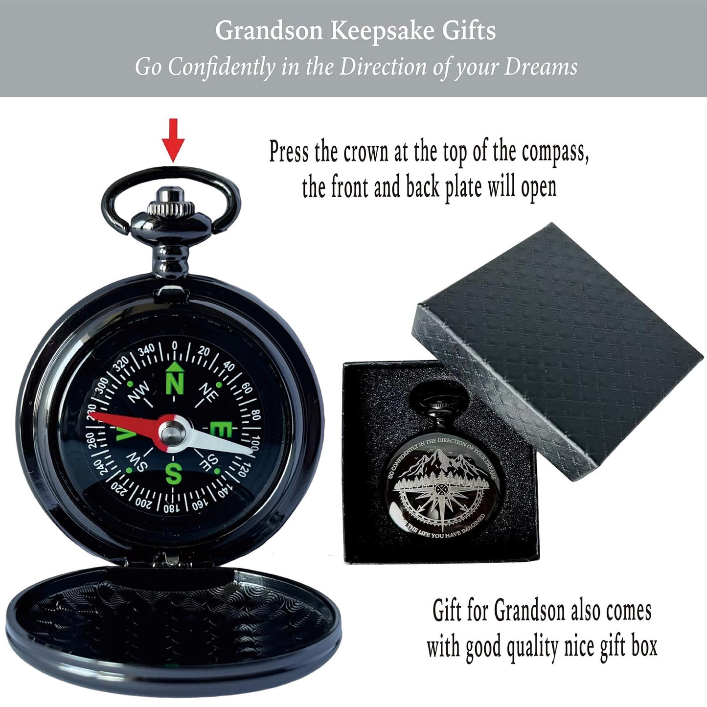 Grandson Gifts from Grandma Grandpa, Go Confidently Pocket Compass Engraved Black, to My Grandson Pocket Token, Inspirational Keepsake Gifts Ideas for Grandson Birthday Graduation Christmas