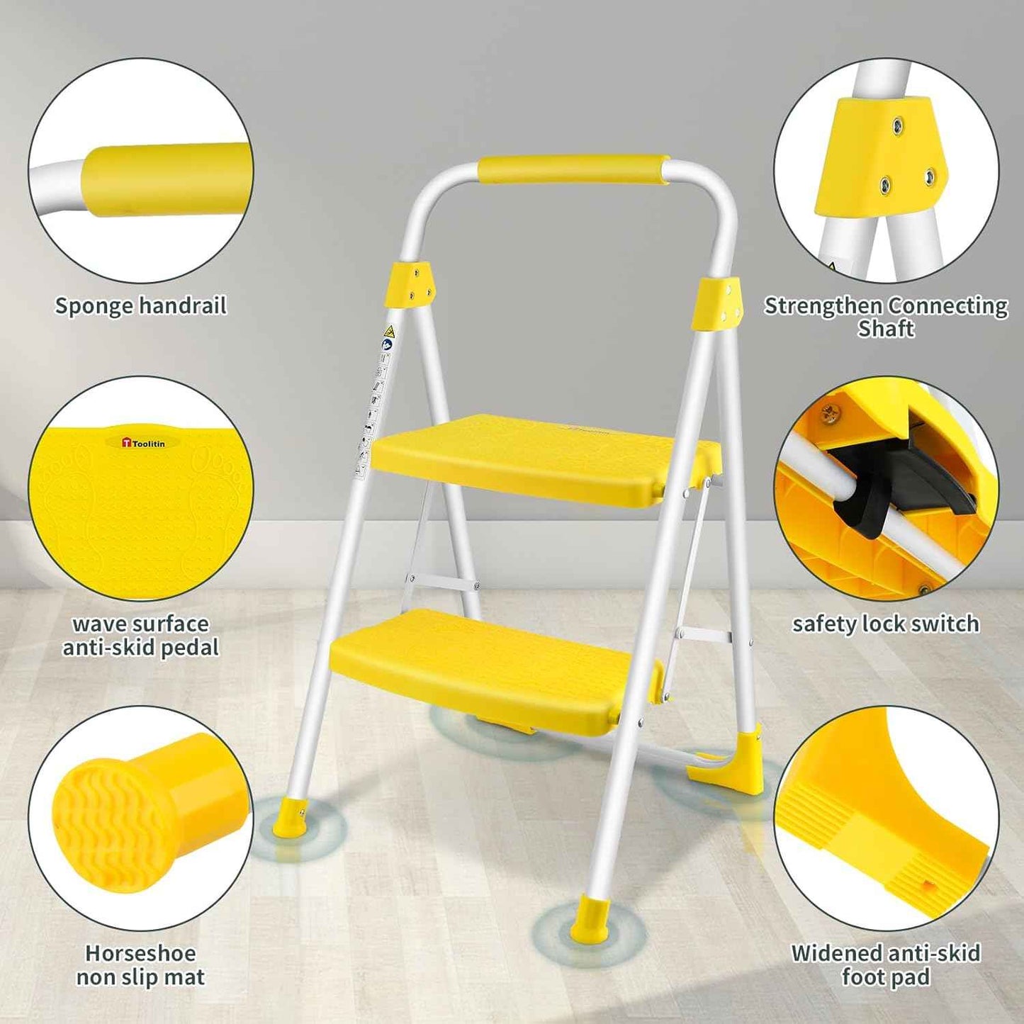 Portable 3-Step Folding Ladder - Sturdy Steel Step Stool with Anti-Slip Pedal & Handgrip, 500lbs Capacity for Home & Office