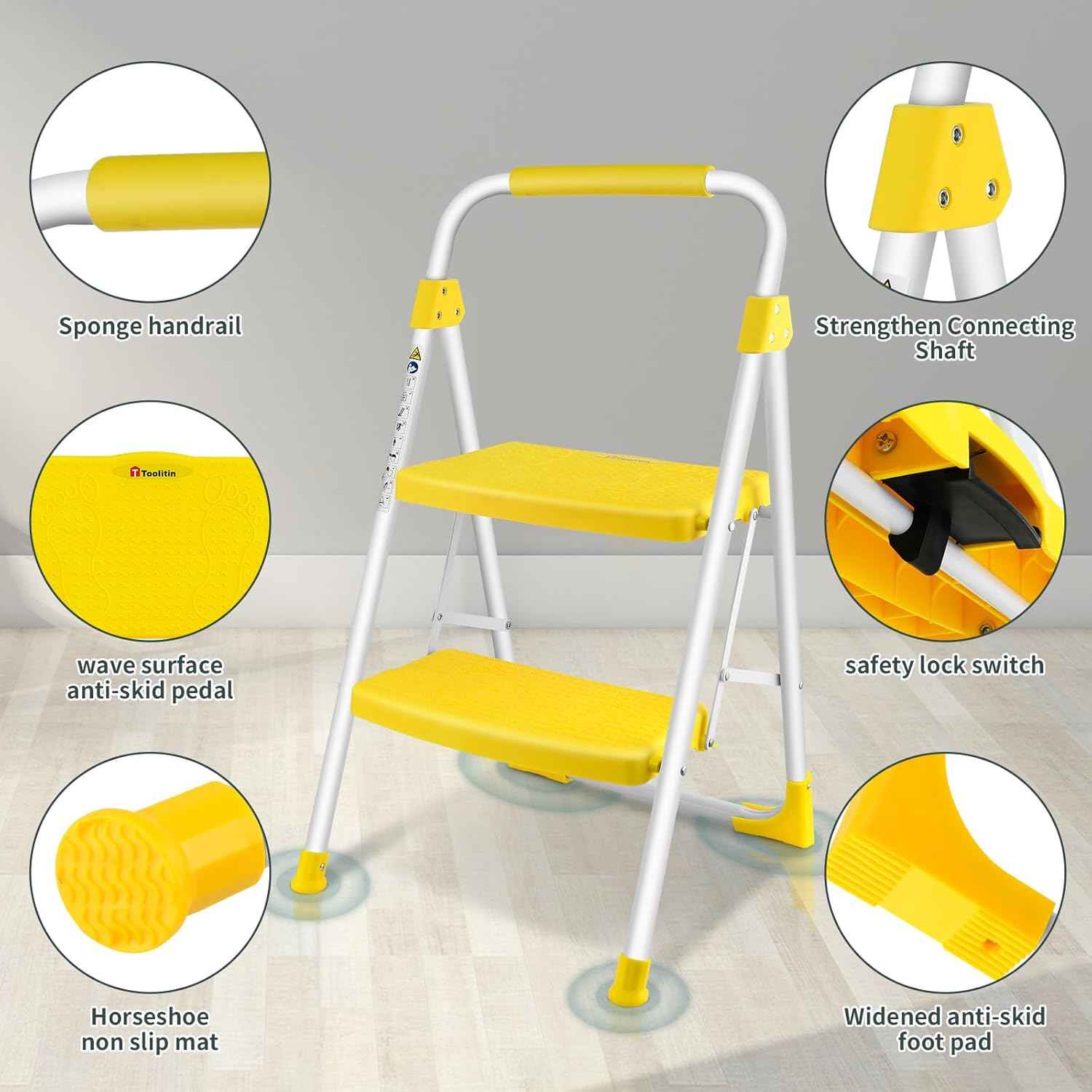 Portable 3-Step Folding Ladder - Sturdy Steel Step Stool with Anti-Slip Pedal & Handgrip, 500lbs Capacity for Home & Office