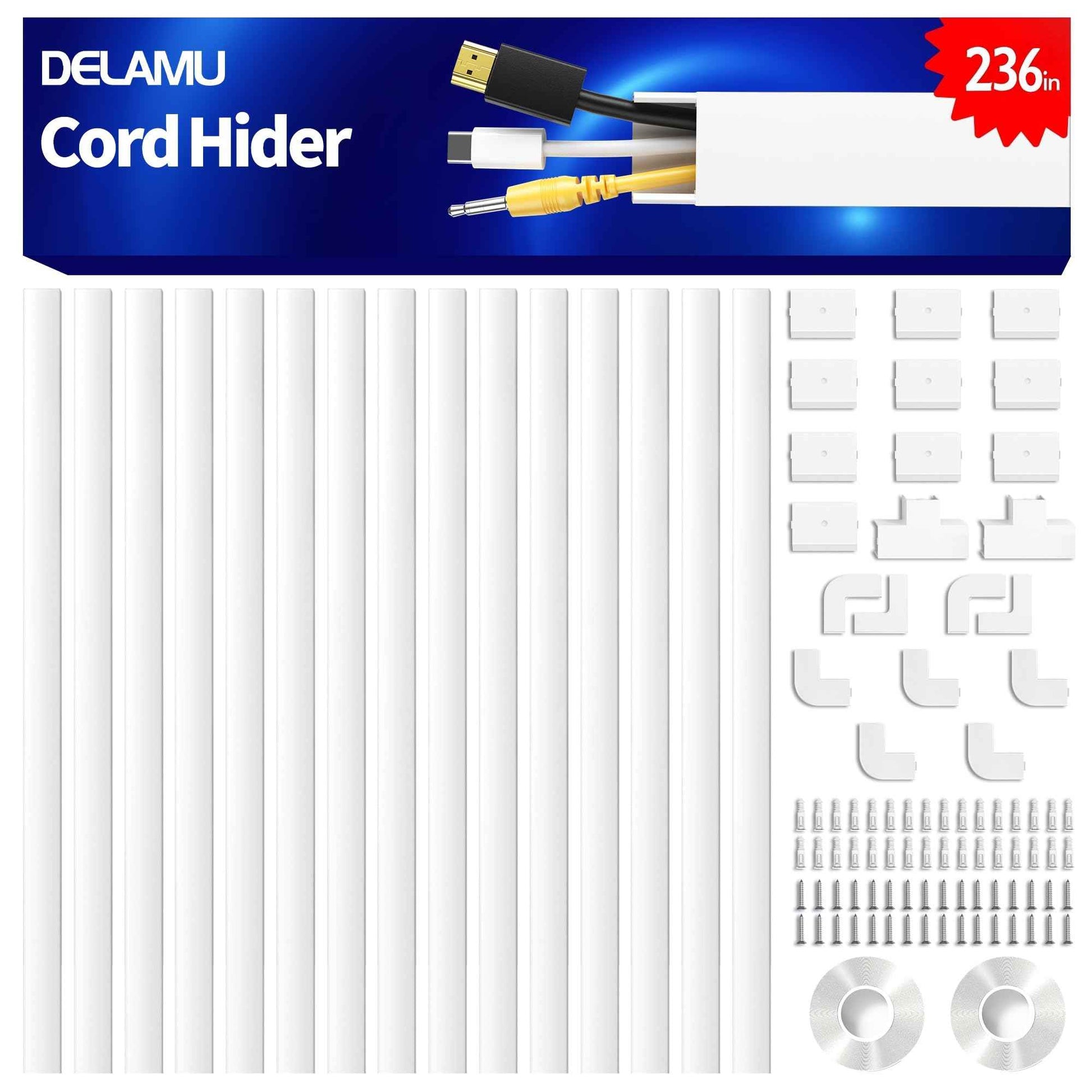 Delamu Cord Hider, Professional Cable Cover Kit for Wall, TV Wire Hider for Wall Mounted TV, Raceway Cover on Management Wires, Cable Concealer, 1.18'' H x 0.60'' W, White