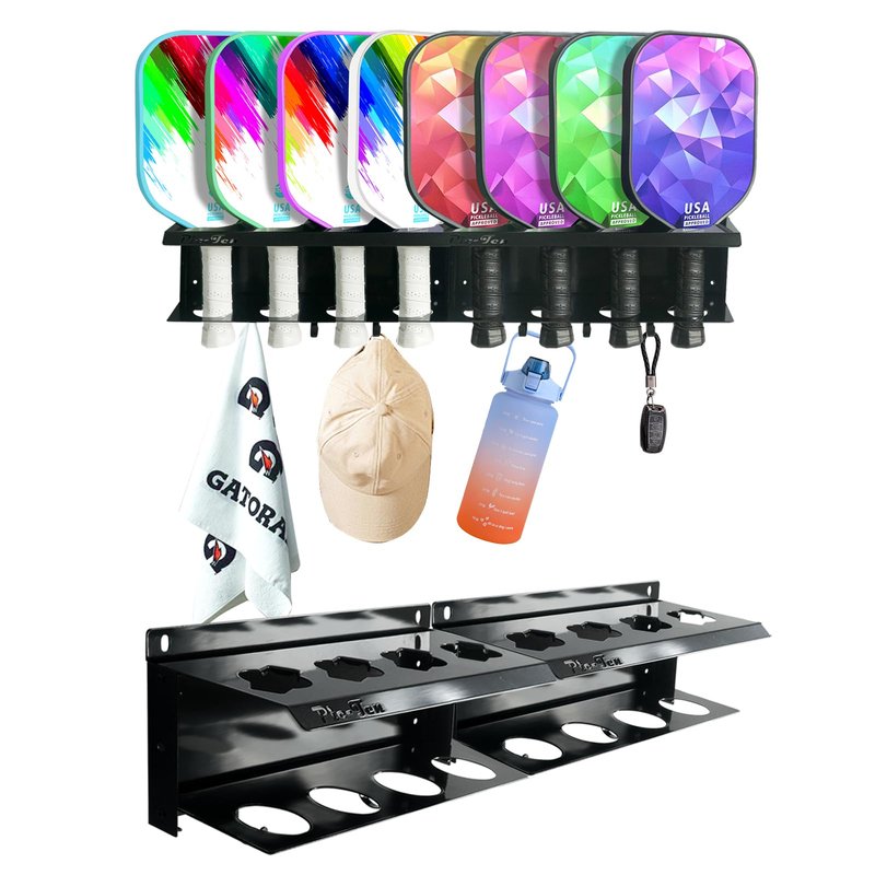 Pic-Ten 2PCS Pickleball Paddle Rack Holds 4 or 8 Paddles with Hooks Pickleball Storage Rack for Fence and Wall Pickleball Paddle Holder Outdoor No Installation Black