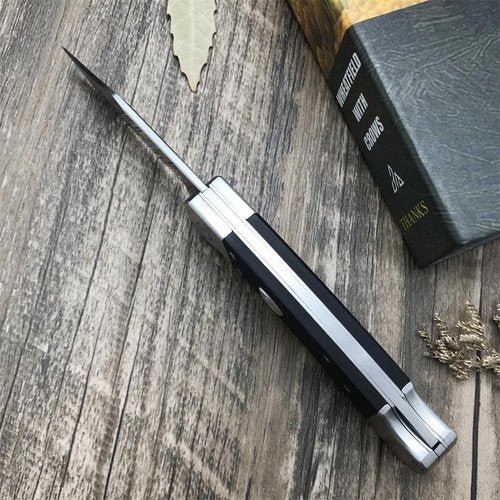 HUAAO Manually Operated Button-Lock Knife Folding Knife 440C Stainless Steel Blade, Back lock G10 Handle with Leather Sheath, EDC Pocket Knives for Men (Black)