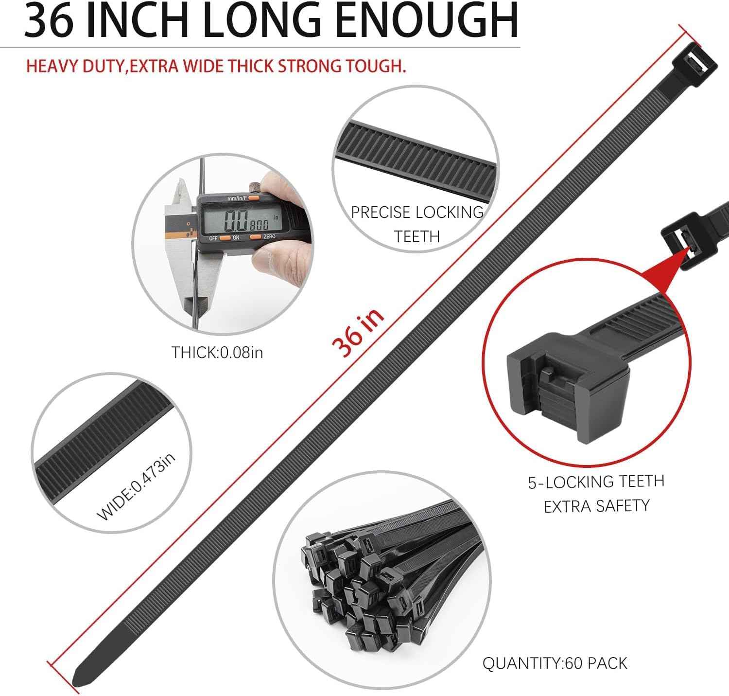 BethTie Black 36inch Zip Ties Heavy Duty 300 PCS, 250 LBS Ultra Strong Plastic Wire Ties, Large Cable Ties Extra Long Tie Wraps, Indoor and Outdoor UV Resistant