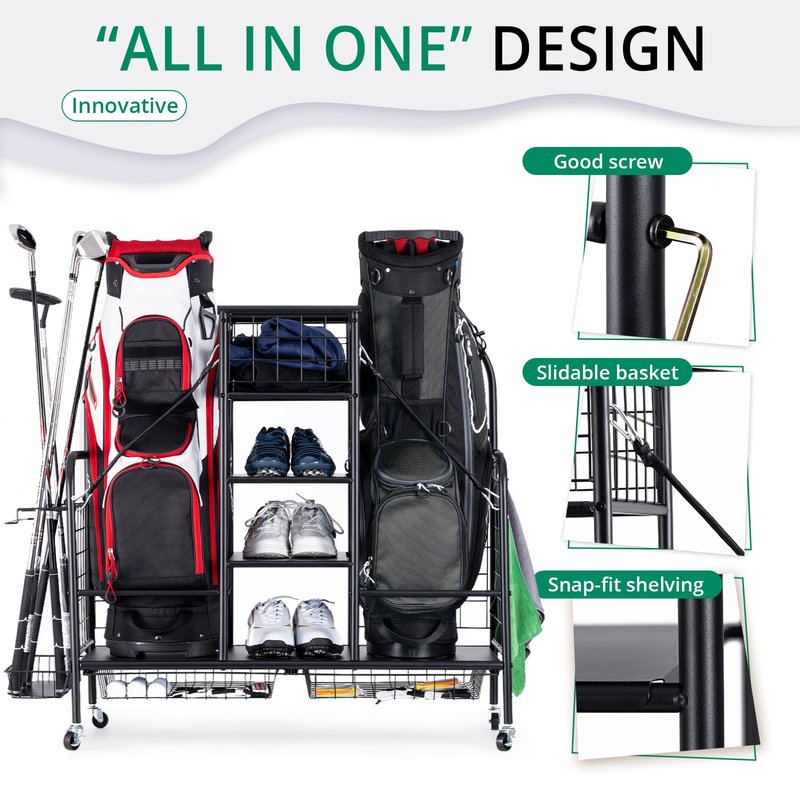 Golf Bag Organizer for Garage, Golf Storage Bag Stand, Golf Push Cart for Men and Women, Golf Club and Other Golfing Equipment Accessories Rack, Golf Bag Holder for Garage, Club, Shed, Basement