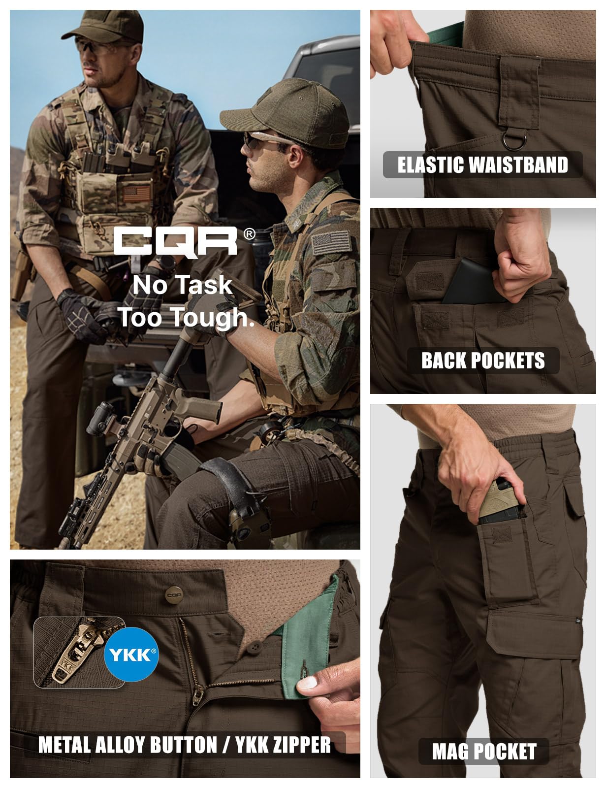 CQR Men's Tactical Pants, Water Resistant Ripstop Cargo Pants, Lightweight EDC Work Hiking Pants, Outdoor Apparel, Duratex Mag Pocket Dark Brown, 36W x 32L