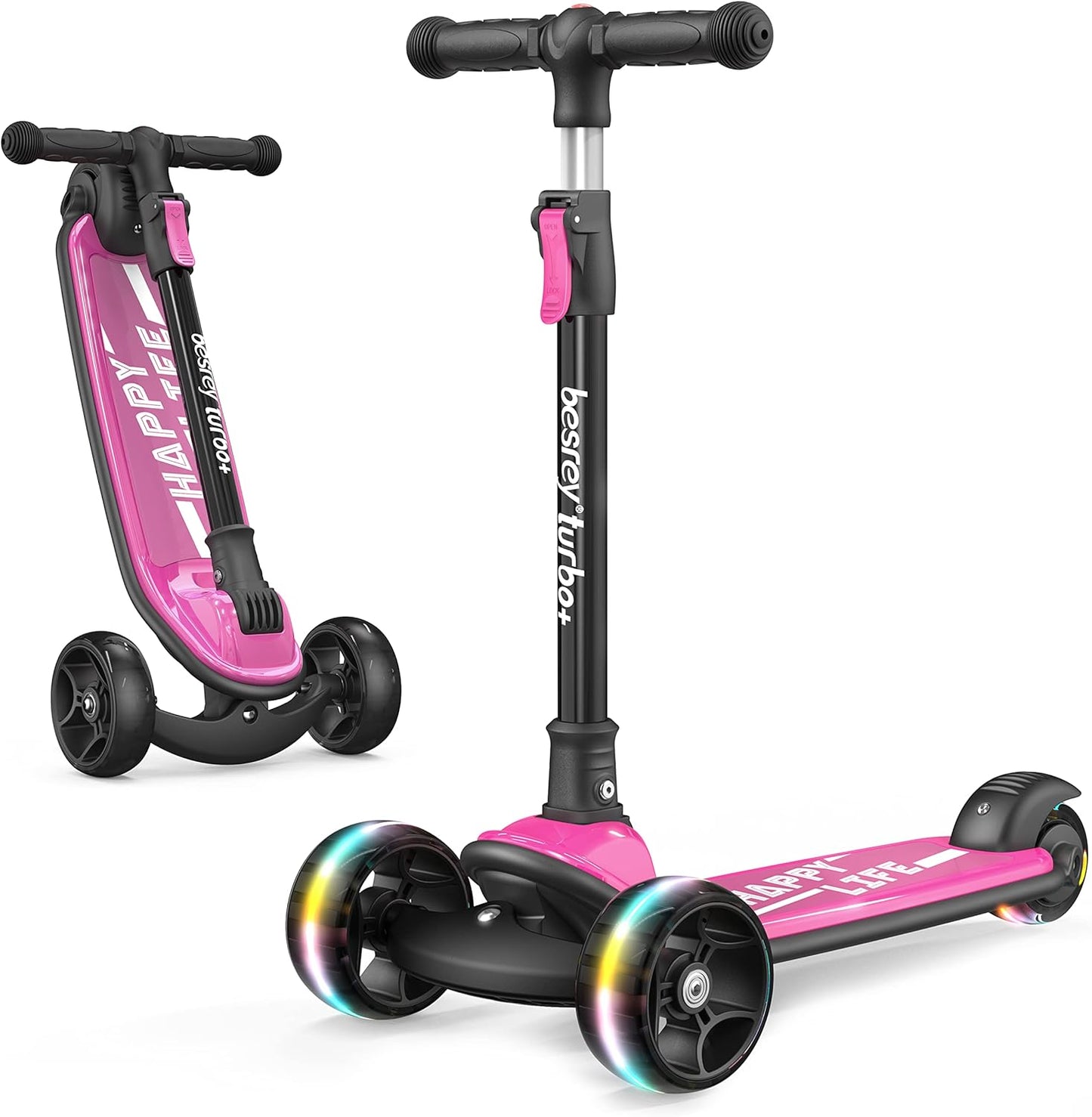 Besrey Kick Scooter for Kids - 3-Wheel Folding Design with Adjustable Height & LED Light Wheels | Extra Wide Deck