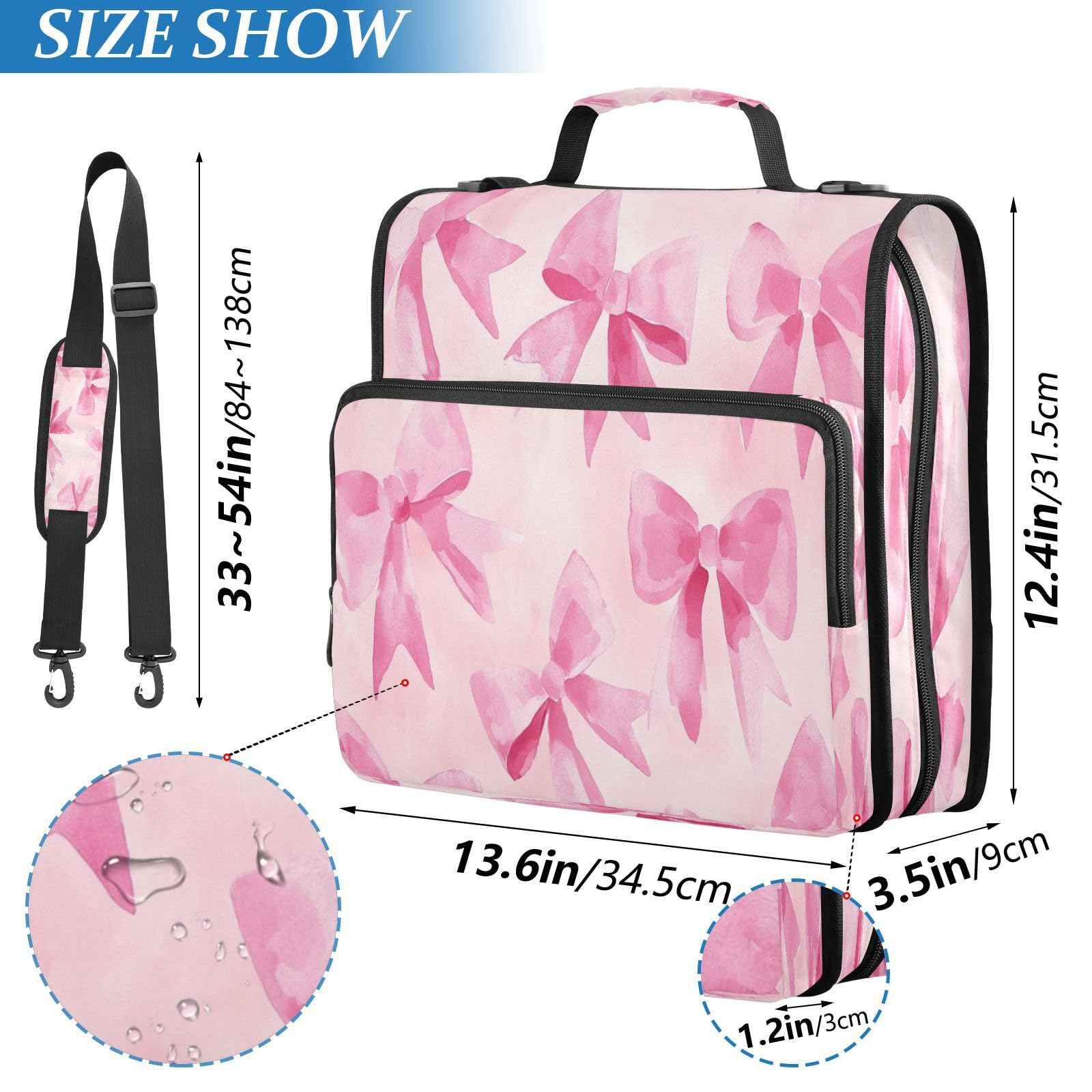 Blueangle Pink Bow Zipper Binder, 1.5-Inch 3-Ring Binder Bag Holds 500 Pages, Multi-Pocket Zipper Organizer with Adjustable Strap & Handle
