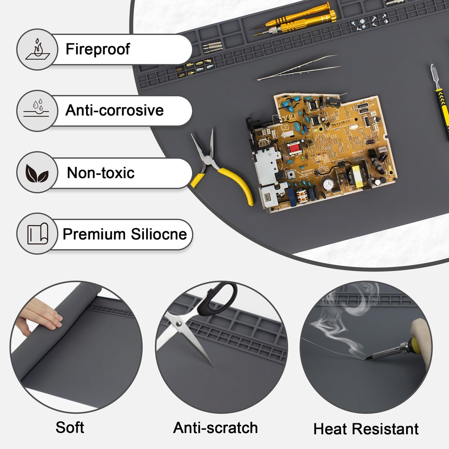 Extra Large Soldering Mat 23.7''x13.8'' Premium Silicone 932°F Heat Resistant Repair Mat Non-Slip Large Silicone Mat for Soldering Iron, Electronic, Phone, Laptop Repair (Grey)