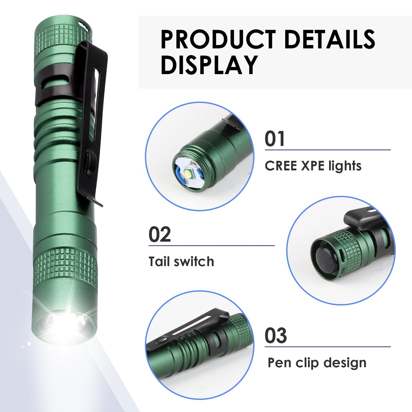 hoeslaw Mini Flashlight, AAA Small Pen Light with Clip, Portable 500lm Pocket Pen Flashlight for Inspection Repair Outdoor Emergency (3 Pack, Green, 3.5")