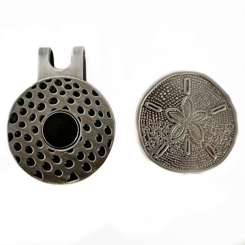 Full Metal Markers Sand Dollar Magnetic Metal Golf Ball Marker with Hat Clip for Men and Women - Unique Marker for Putting Green - Golf Accessories - 1 Ball Marker + 1 Hat Clip