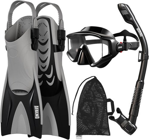 Aegend Snorkeling Gear Set - Anti-Fog Panoramic Mask, Adjustable Fins & Dry Top Snorkel | All-in-One Travel Solution for Adults