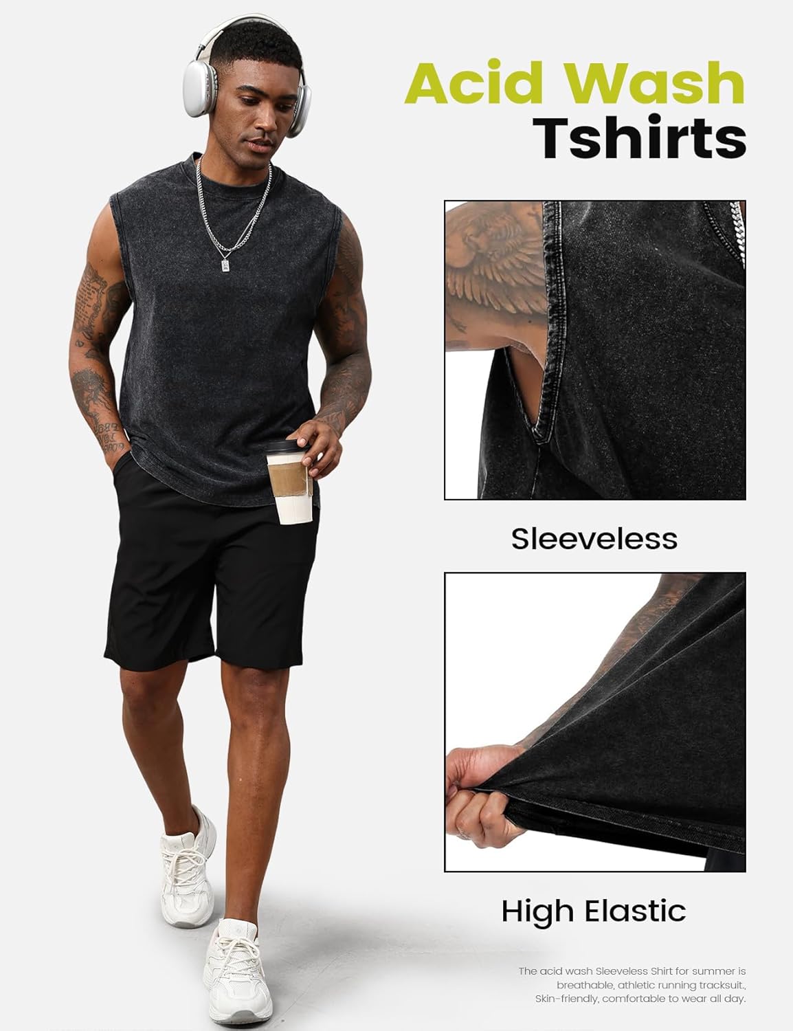Yimoon Men's Tank Tops - Acid Wash Cotton Sleeveless Workout Tees | Loose Fit Gym Muscle Shirts