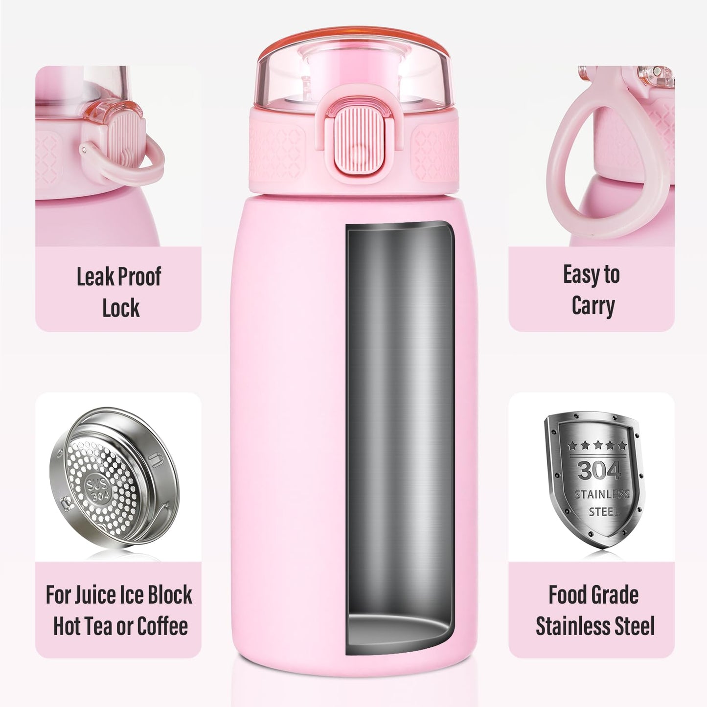 Insulated Water Bottle 12 oz with Dustproof Lid, Carry Handle & Tea Infuser, BPA-Free & Leakproof, Stainless Steel Water Bottles Ideal for Fitness, Hiking, Office & Outdoor Use （Water Pink ）