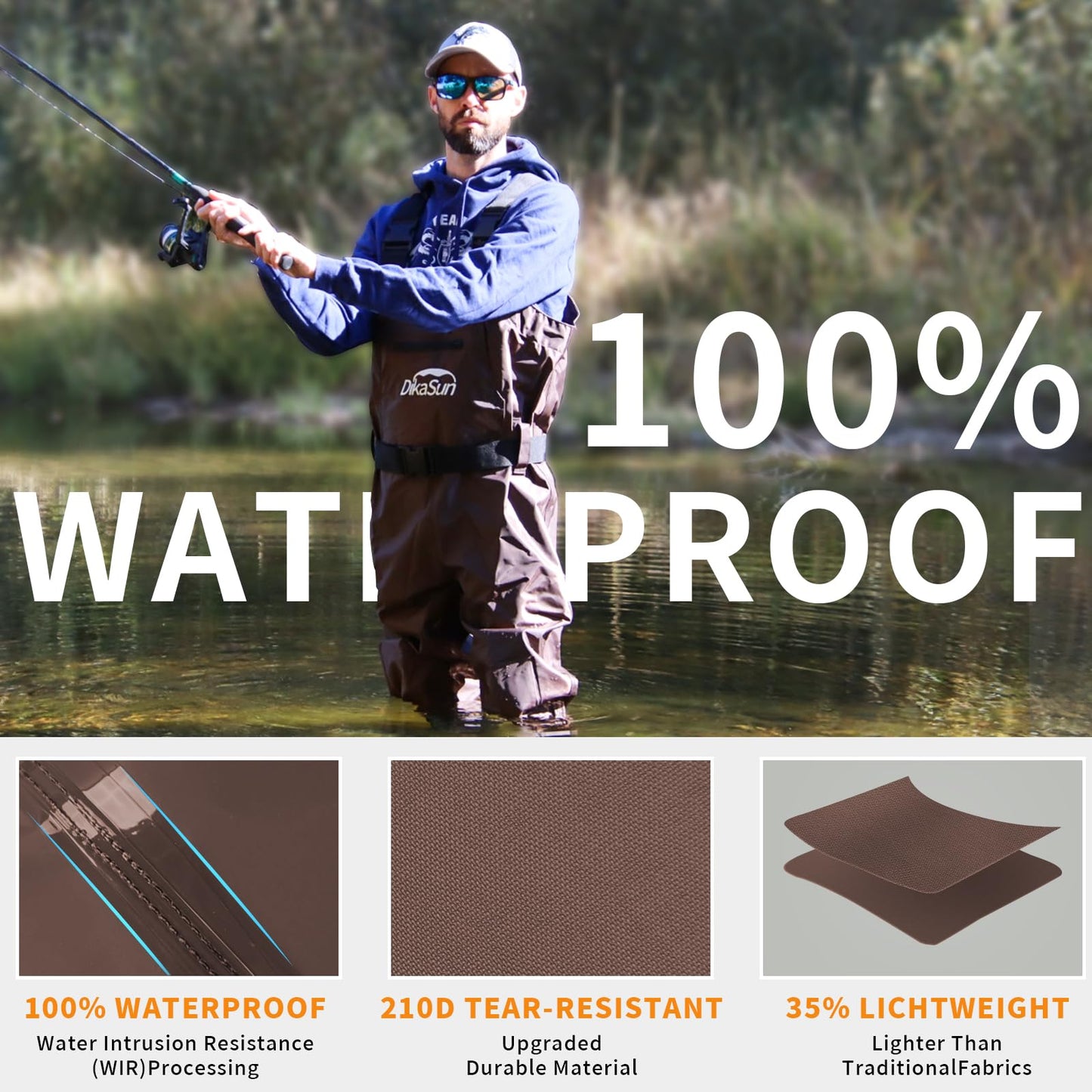 DikaSun Fishing Waders for Men & Women, Waterproof 2-Ply Nylon/PVC Chest Wader with Boots for Outdoor Sizes 4-13 Bootfoot(Brown, M10/W12)