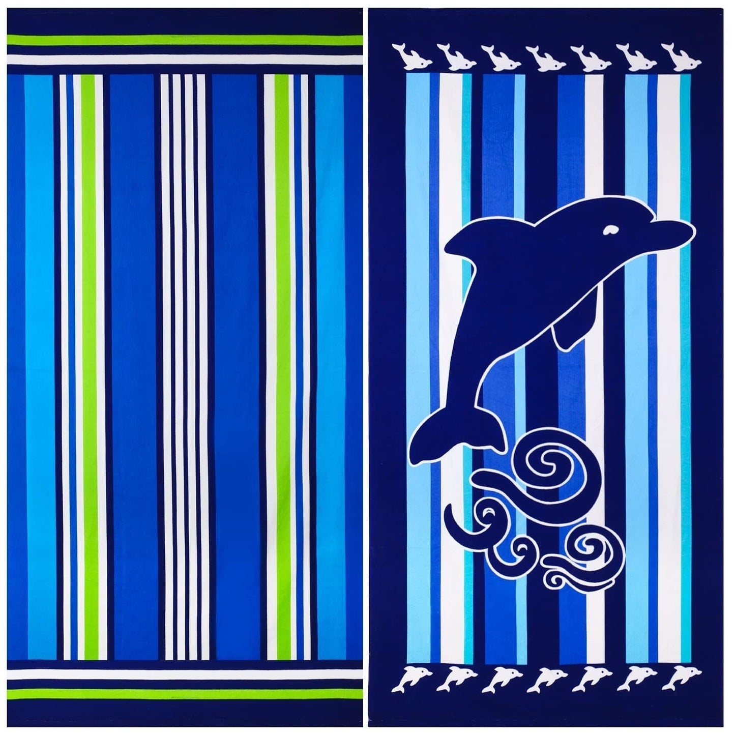 2 Packs Oversized Beach Towel Set 36 x 72 in XL Extra Large Big Soft Clearance Pool Swim Camping Travel Terry Towels Blanket for Adult Cruise Lounge Chair Cover Gift Women Men Blue Striped Dolphins