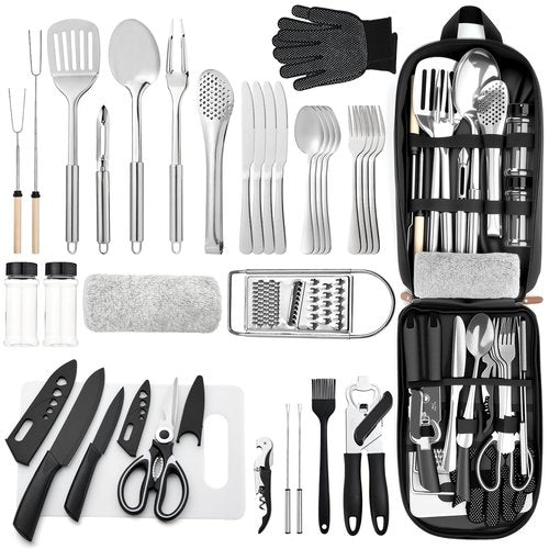 THTYBROS Portable Camping Kitchen Utensil 34 Pcs Set- Cookware Kit, Stainless Steel Outdoor Cooking and Grilling Utensil Organizer Travel Set Perfect for Travel, Picnics, RVs, Camping, BBQs, Parties