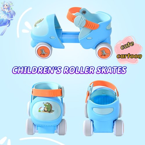 Mpoutik Kids Children's Adjustable Quad Roller Skates Wheels Lock Boys Girls Roller Skate for Beginners Toddlers Baby (Dino Blue)