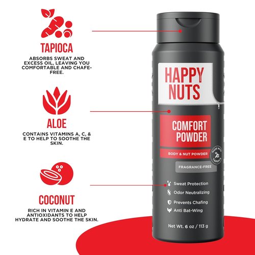 HAPPY NUTS Comfort Powder Deodorant for Men - Anti-Chafing, Sweat & Odor Control, 6 oz, Fragrance-Free