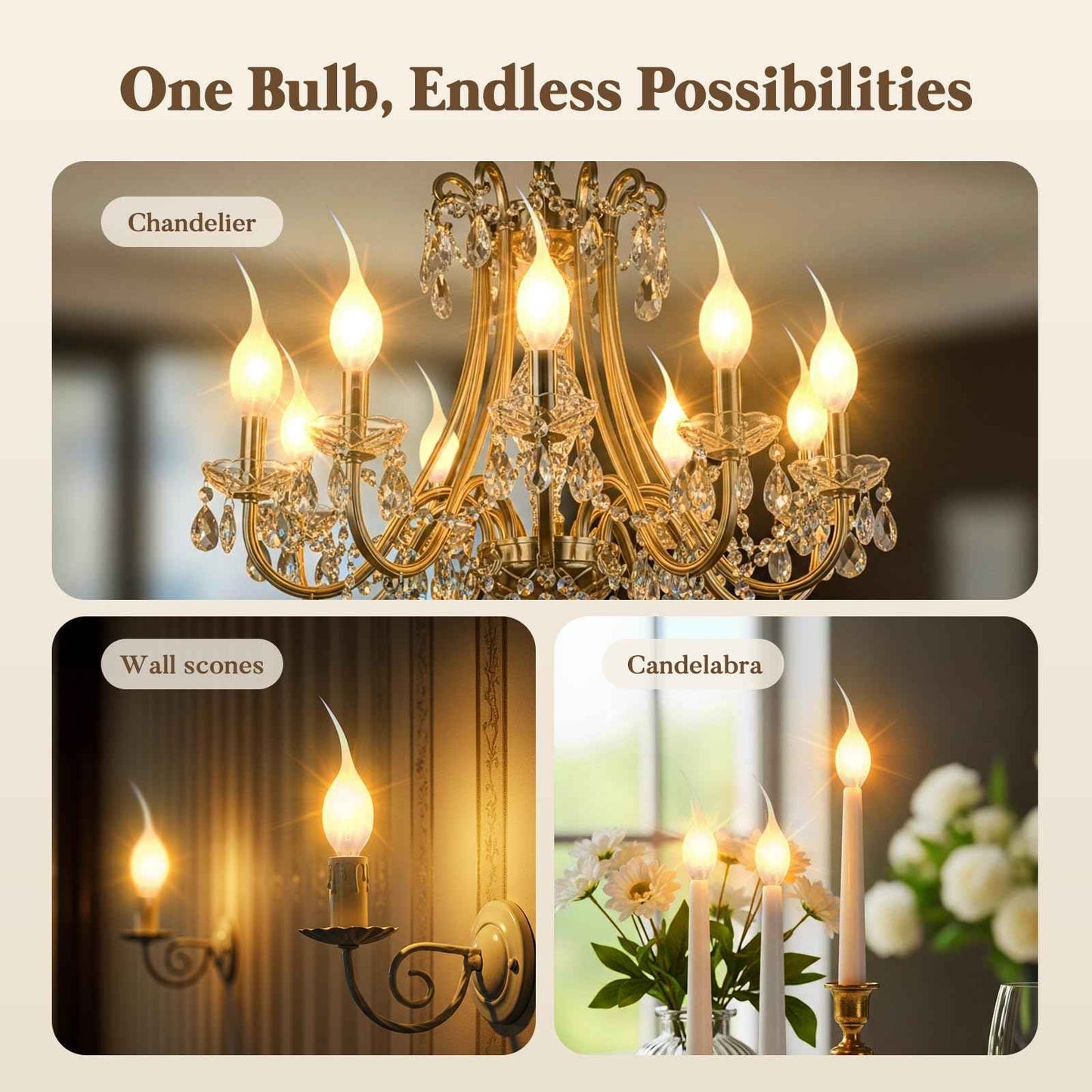Hompavo Silicone Dipped Candle Light Bulbs – 3W E12 Candelabra Base – Warm White Decorative Flame Tip – Incandescent Bulbs for Chandeliers, Wall Sconces, Night Lamps – 10 Pack