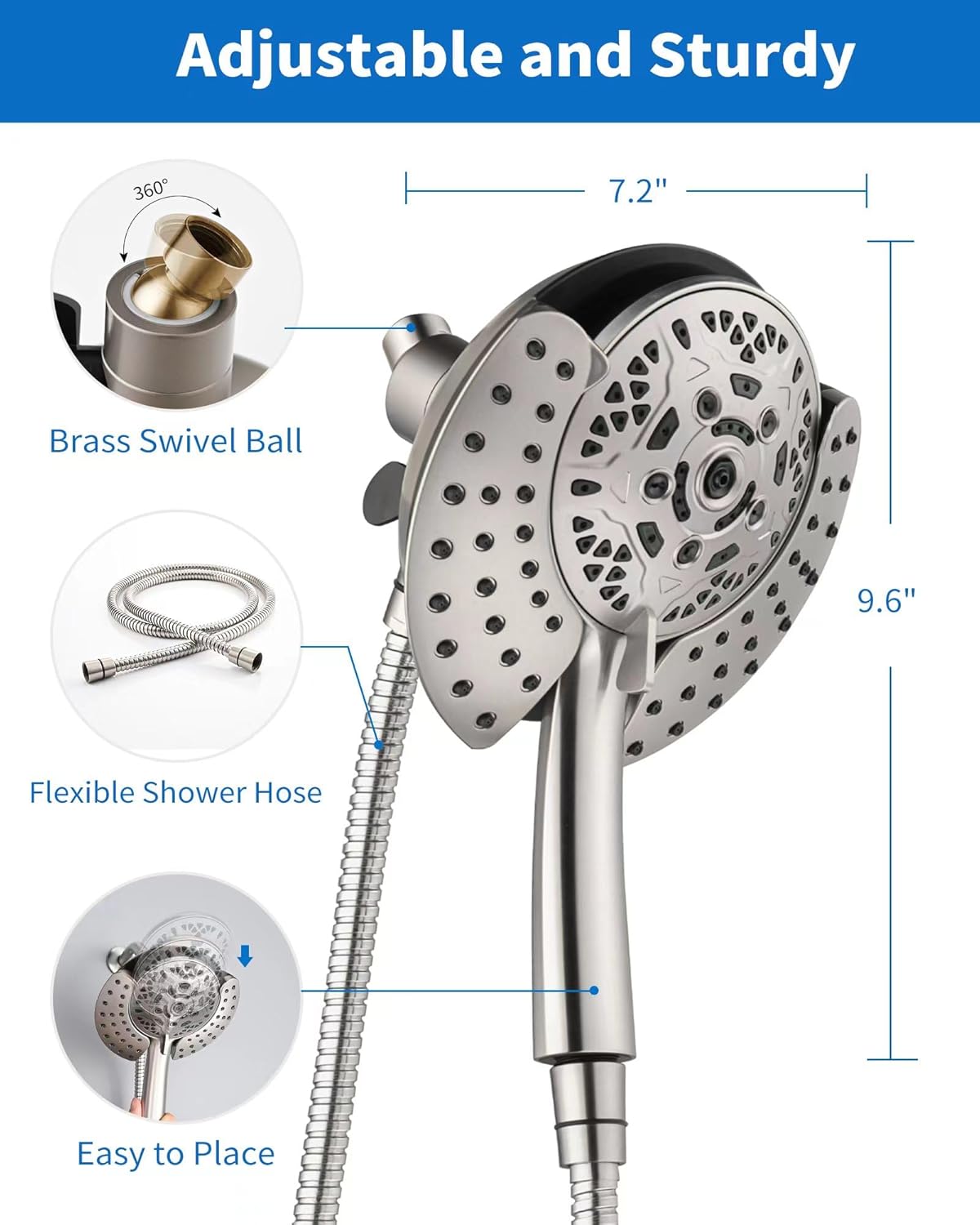 2.5GPM 7.2" Rainfall & Handheld Shower Head Combo with 60" Stainless Steel Hose