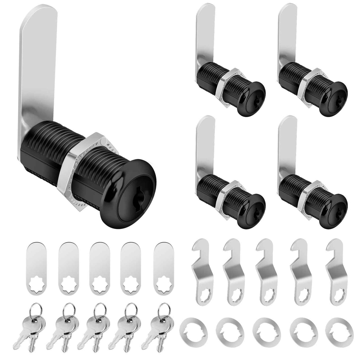 Pertinel 1-1/2 Inch Cabinet Cam Lock Set - 5Pcs Keyed Alike Black Locks for Secure Files, Drawers, RV Storage - Replacement Set With Black Finish