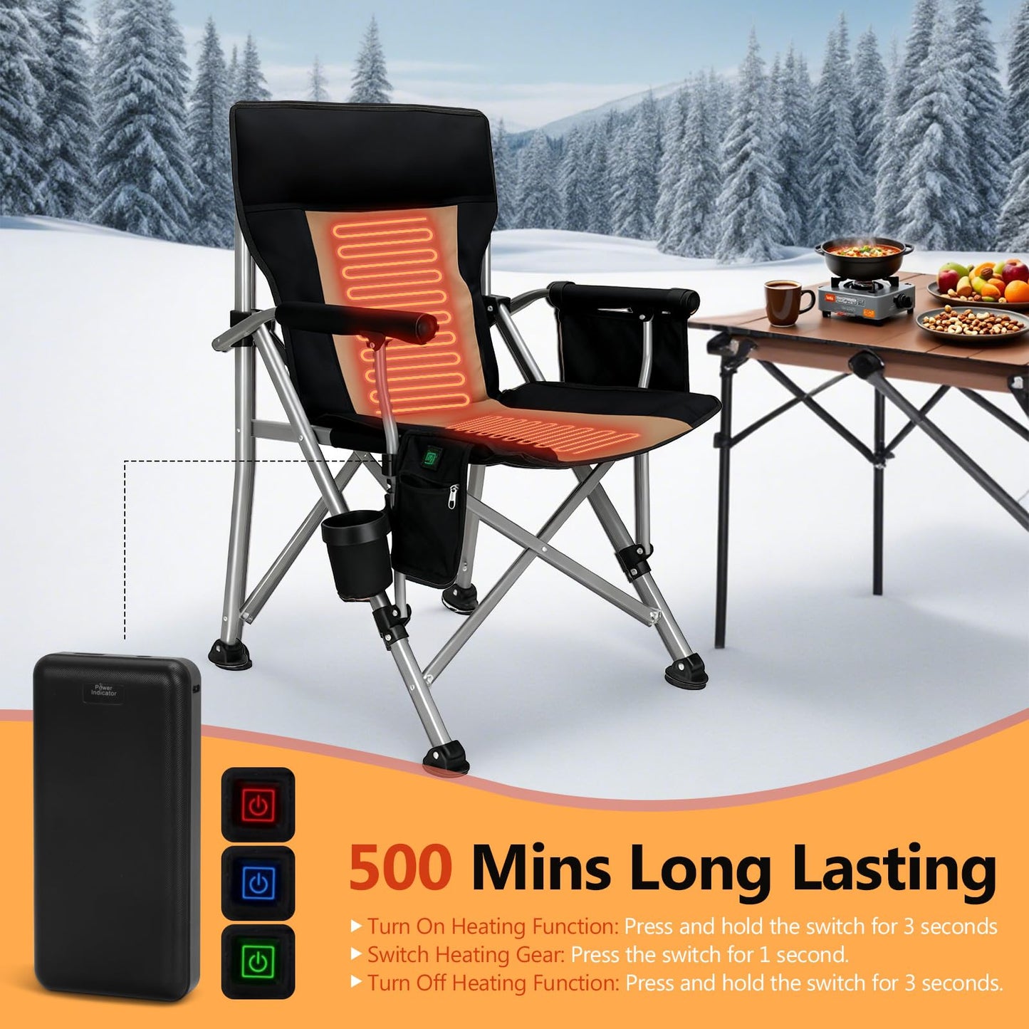 Heated Camping Chair with 20,000 mAh Battery, Loog-Lasting for 500 Mins, Fully Padded Heated Camp Chairs, Heavy Duty Folding Chairs Supports 500 lbs for Winter Camping, Picnics, Tailgating, RV Travel