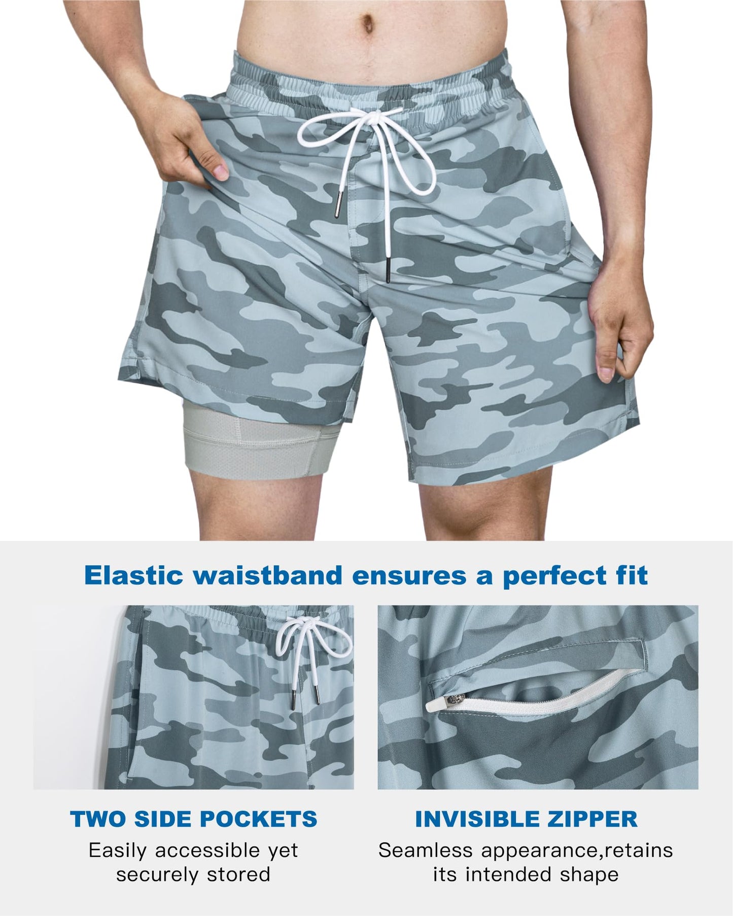 SURF CUZ Mens Swim Trunks with Compression Liner Quick Dry Swim Shorts 7" Swimming Trunks Stretch Bathing Suit 7 Inch,Grey Camouflage,L