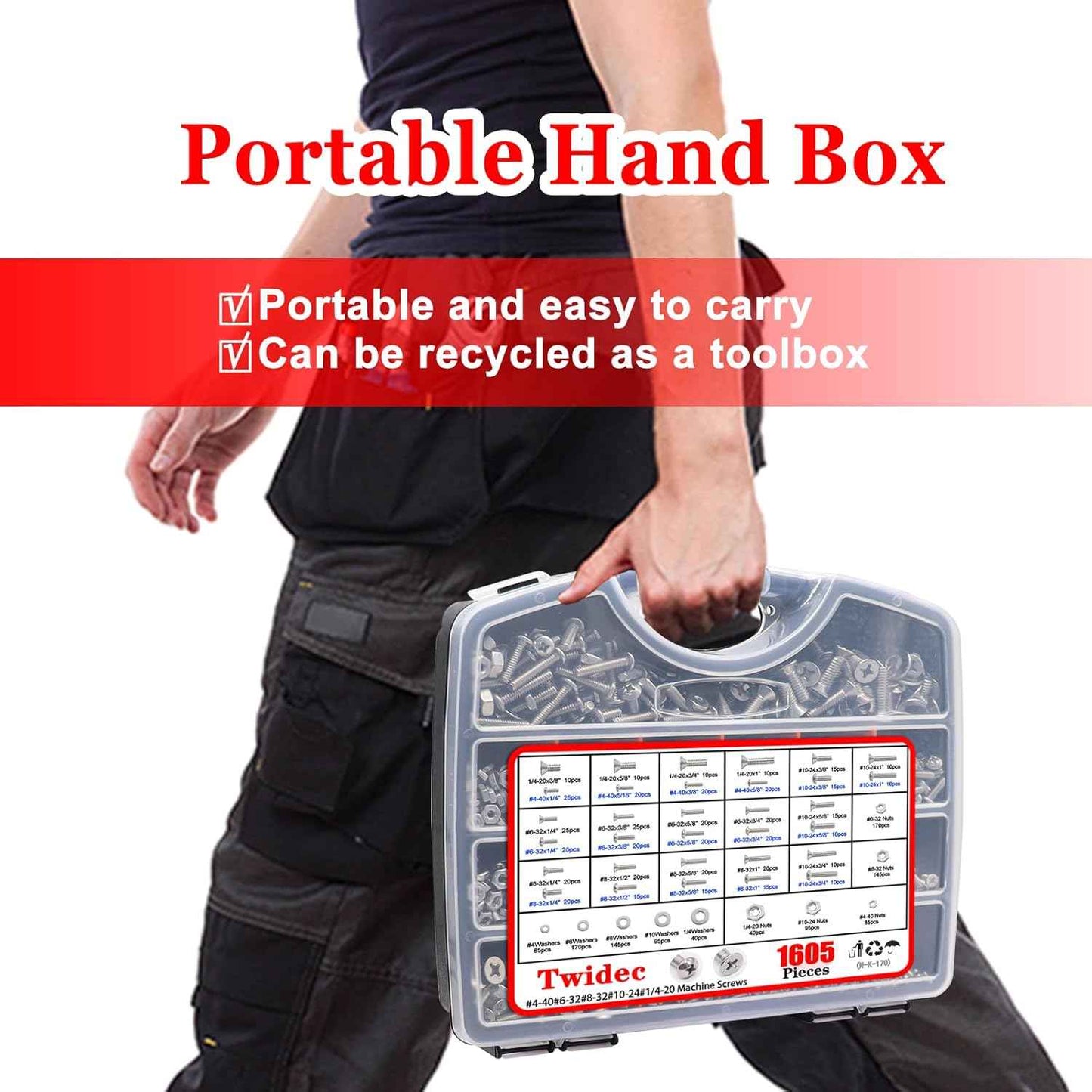 2002PCS Stainless Steel Hardware Assortment Kit - Metric & SAE Screws, Nuts, Bolts & Washers with Organizer Box