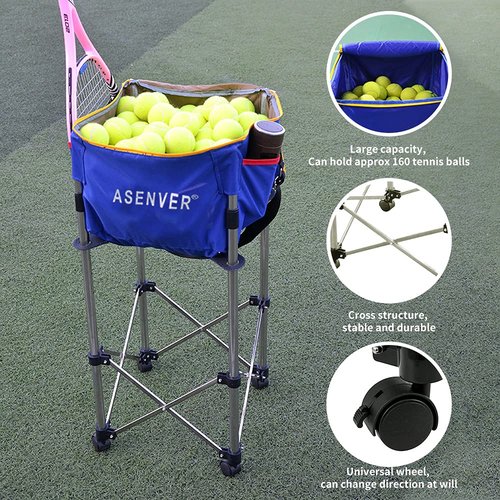 ASENVER Tennis Ball Cart Removable Pickleballs Hopper with Wheels Basket Hold Up to 160 Balls for Tennis Ball (Blue)