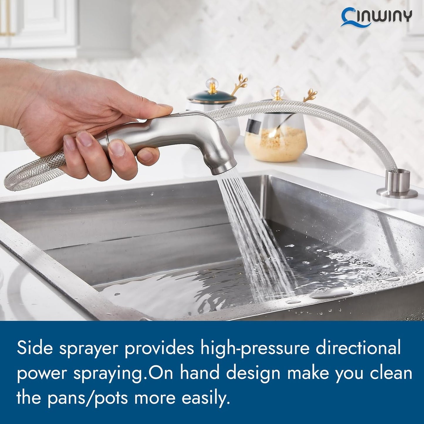 Brushed Nickel Kitchen Faucet with 360° Rotating Spout & Side Sprayer - 2 Handle, 8 Inch Centerset