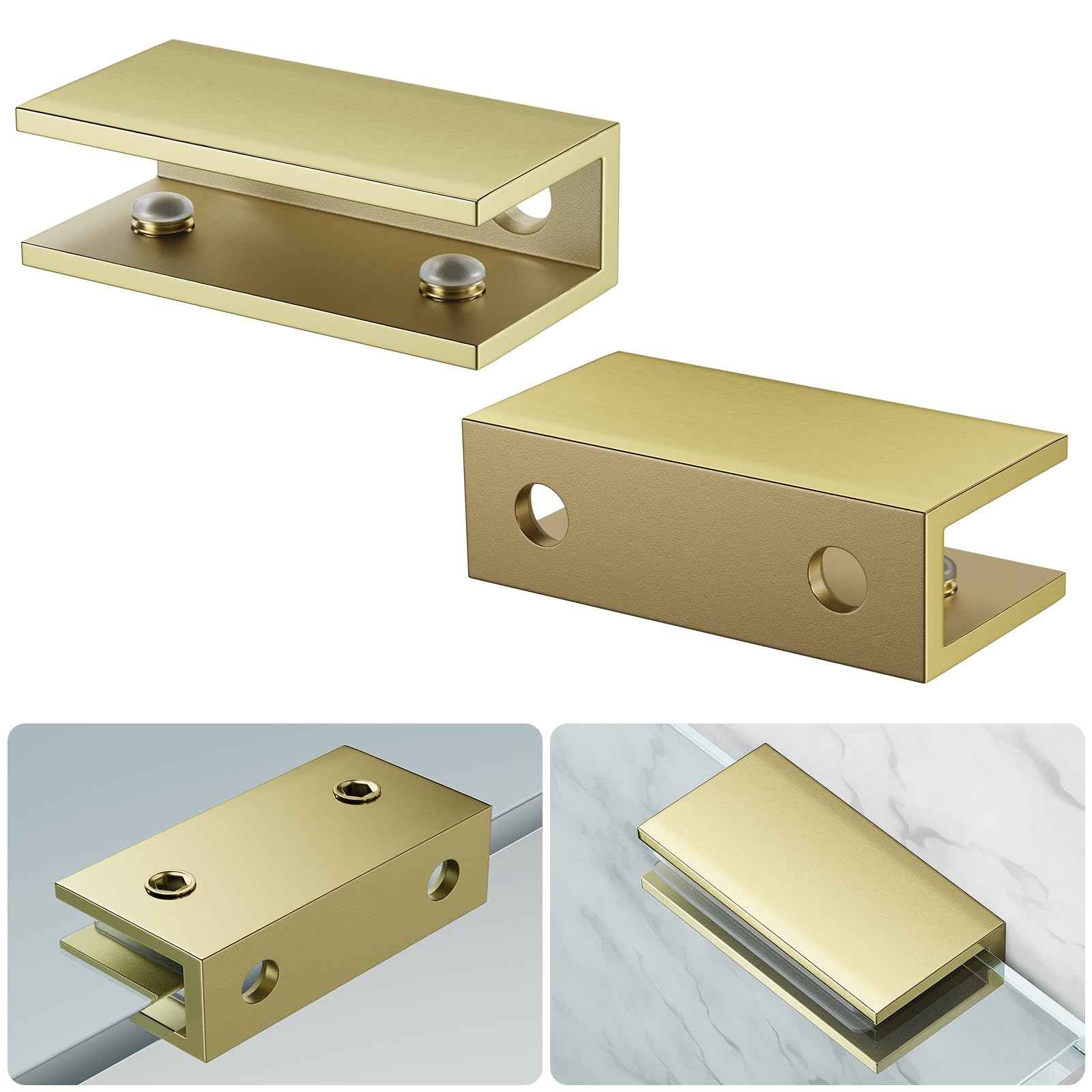 Ranbo 2 Pcs Frameless Glass Clamp Brackets for Shelf and Shower, Heavy Duty Wall Mount Rectangular Holders for 1/4" to 1/2" Panels, Matte Gold Finish Hardware