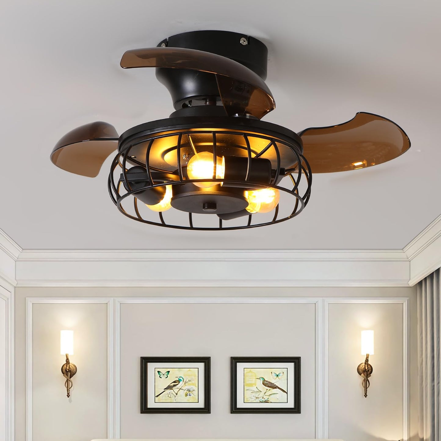 BEALWISE 21.6'' Retractable Ceiling Fans with Lights Caged Farmhouse Ceiling Fan Lights with Remote Control and APP, Rustic Industrial Ceiling lamp Black Fixture for Living Room Bedroom Kitchen, A