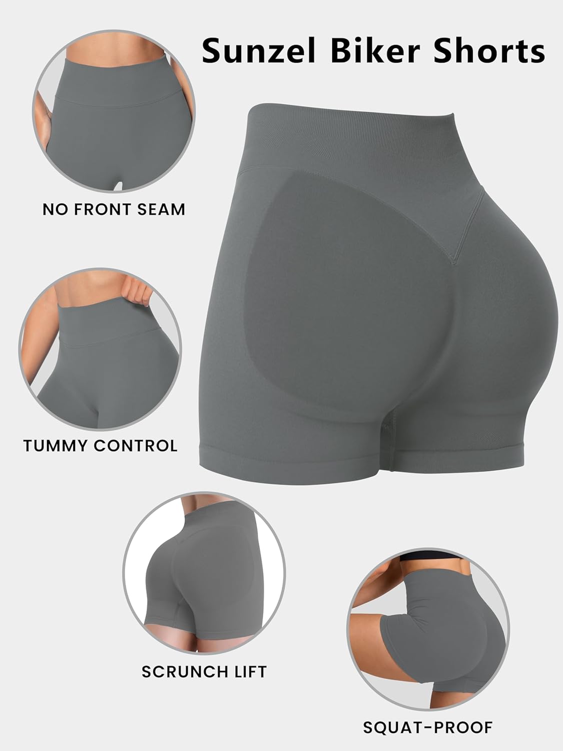 Sunzel Seamless Scrunch Butt Biker Shorts - High Waisted Booty Lifting Yoga Gym Shorts with Tummy Control