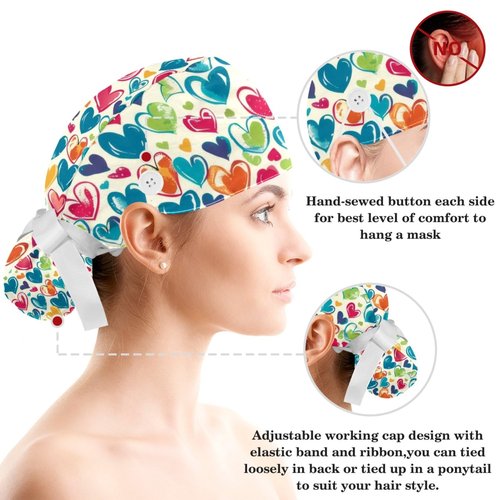 Women’s Working Cap Scrub Hats with Bow Scrunchies, Hearts Love Patterns Bouffant Surgical Cap Ponytail Holder