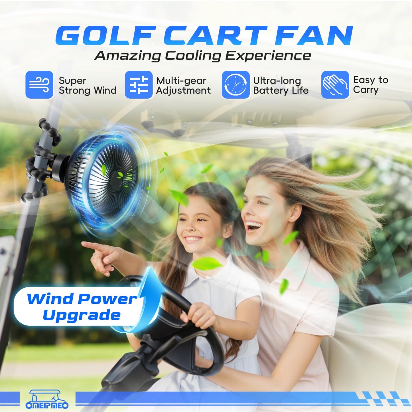 OMEIPMEO Rechargeable Golf Cart Fan, 12000mAh Stroller Fan, Adjustable 4 Speeds, LED Light, Power Bank, 360 Rotation, Portable Clip on Fan with Flexible Tripod for Club Car EZGO YAMAHA