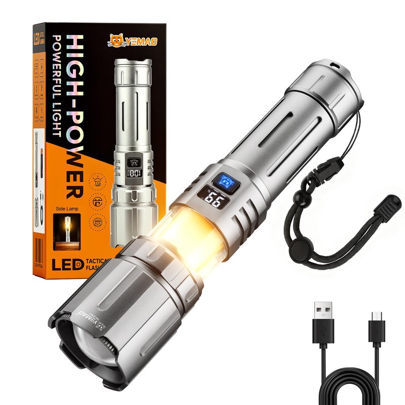Yemao EDC Flashlight Rechargeable with Camping Lamp,Zoomable Tactical Flashlight with 8 Modes,5000mAh LED Bright Flashlights Portable Flashlighst for Home,Camping,Travel,Emergency