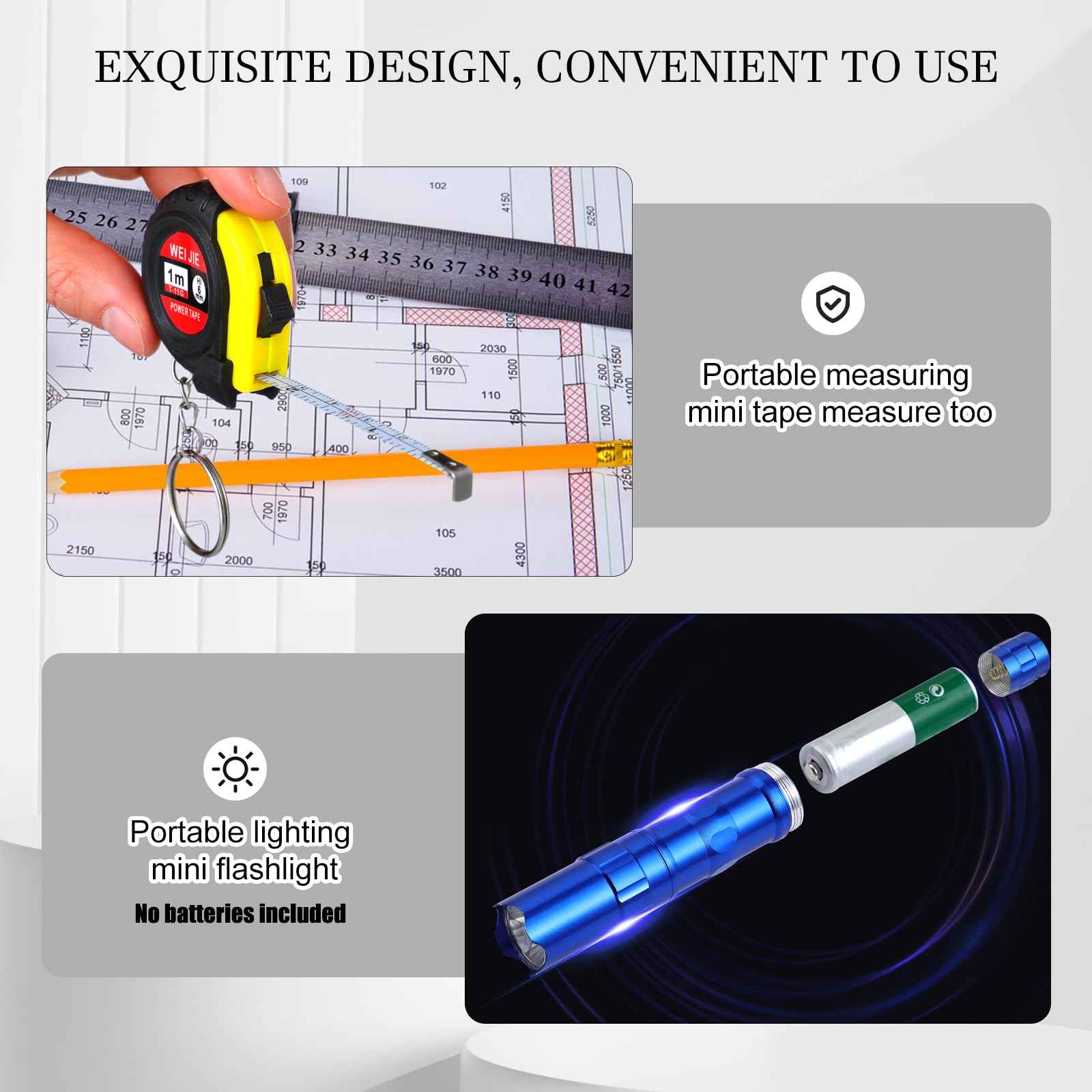 Quelay 18 Pcs Mini Screwdriver Tape Measure Keychains LED Lights Keychain Set Tool Party Favors Mini Hand Tool Adult Prizes Pinata Stuffers Christmas Bulk Gifts for Men, No Batteries Included