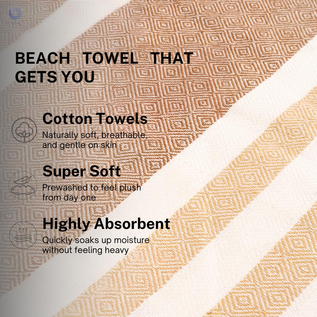 9Threads Cotton Turkish Beach Towel with Towels Oversized 36"x72" Pool Absorbent Extra Large Quick Dry Sand Travel Towel (Biscotti Luxe, 4 Pack)