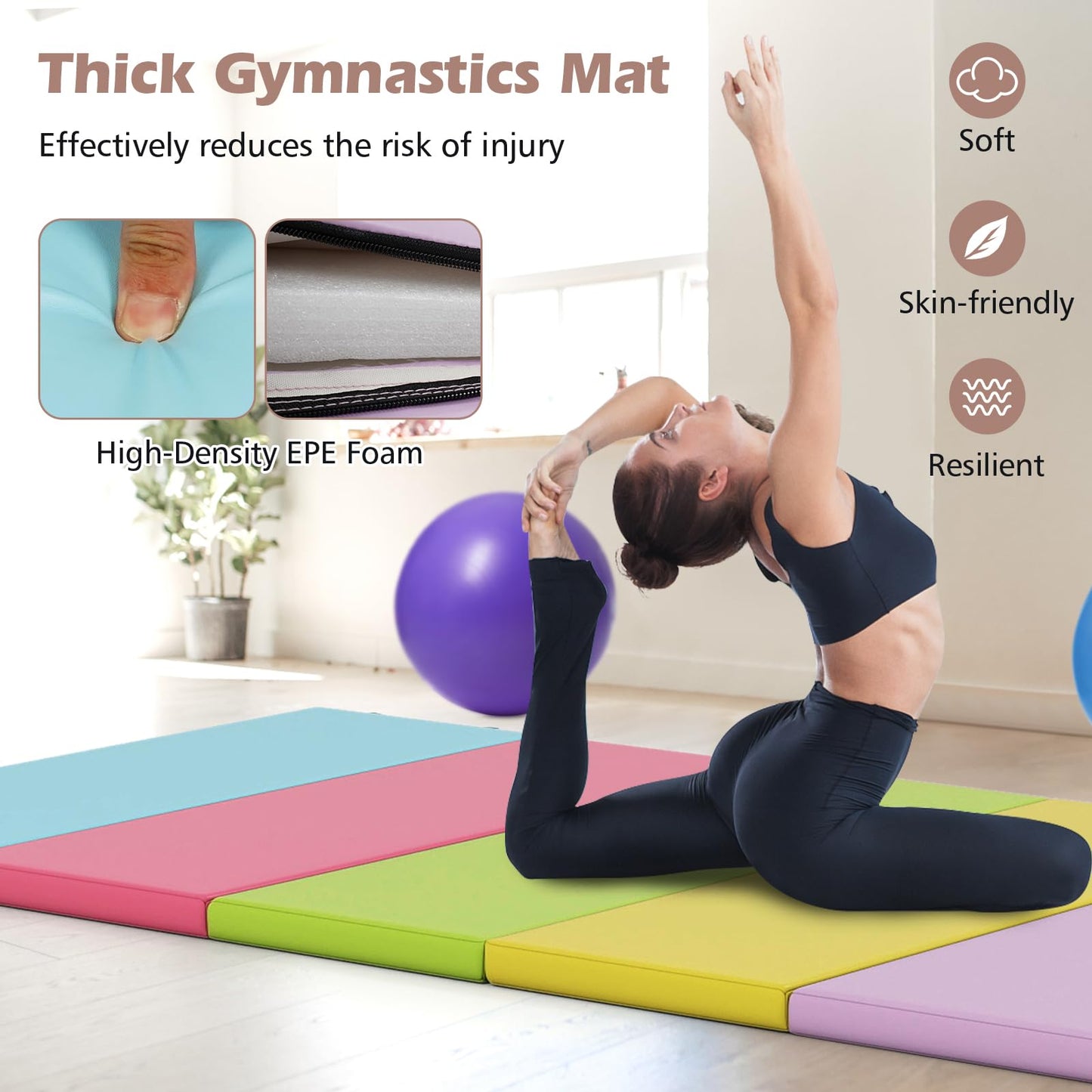 Goplus Gymnastics Mat, 6.6'x2.5' 5-Panel Folding Tumbling Mat w/Carrying Handles, Hook&Loop Fastener, Portable PU Leather Rainbow Exercise Mat for Home Gym Aerobics Yoga