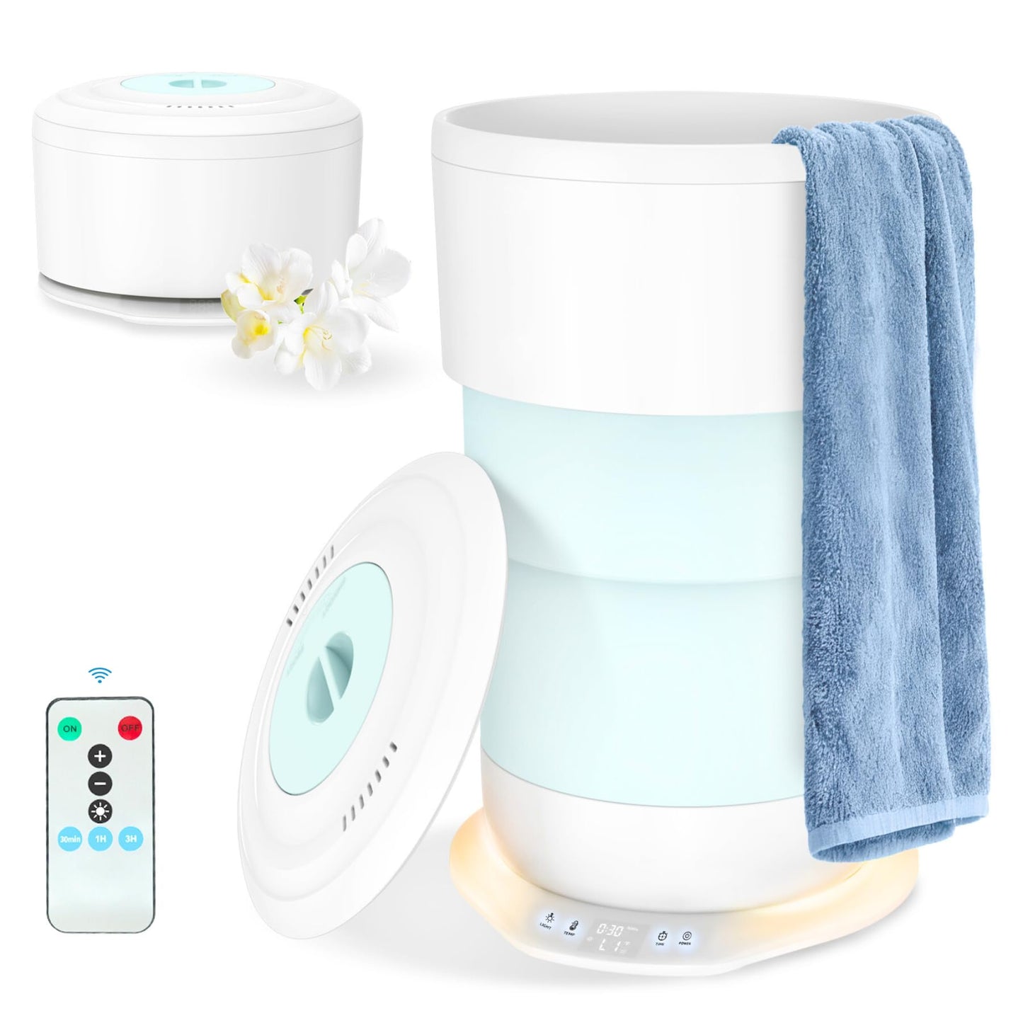 ladate 25L Foldable Towel Warmer Bucket, 212℉ Fast Heated Towel Warmers for Bathroom, Offers Custom Fragrance & Ambient Light for Home Spa, Auto Shut-Off, 3 Timers, Fits 2 Towels, Blanket, Bathrobe