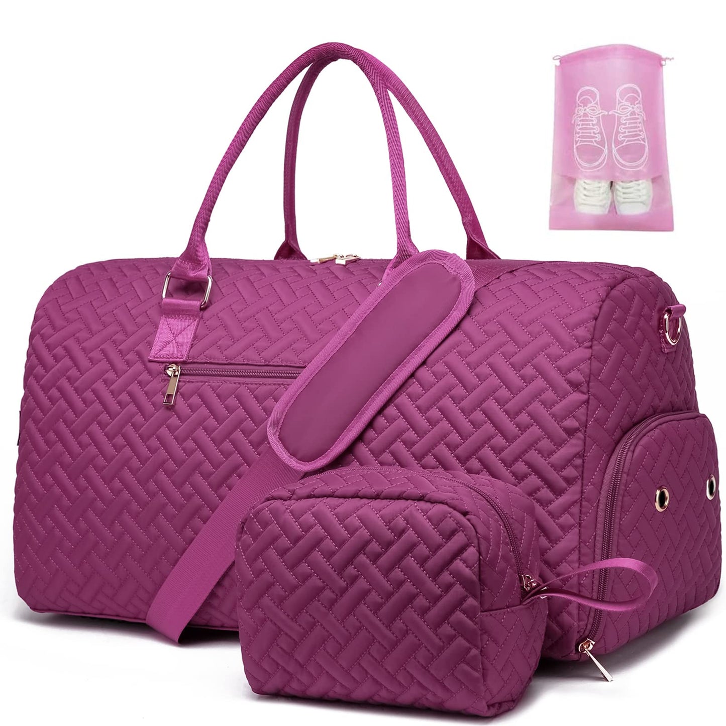 Duffle Bag for Travel, Weekender Bag with Shoe Compartment, Carry On Overnight Bag for Women with Toiletry Bag, Gym Bag with Wet Pocket, Hospital Bags for Labor and Delivery Purplish Red