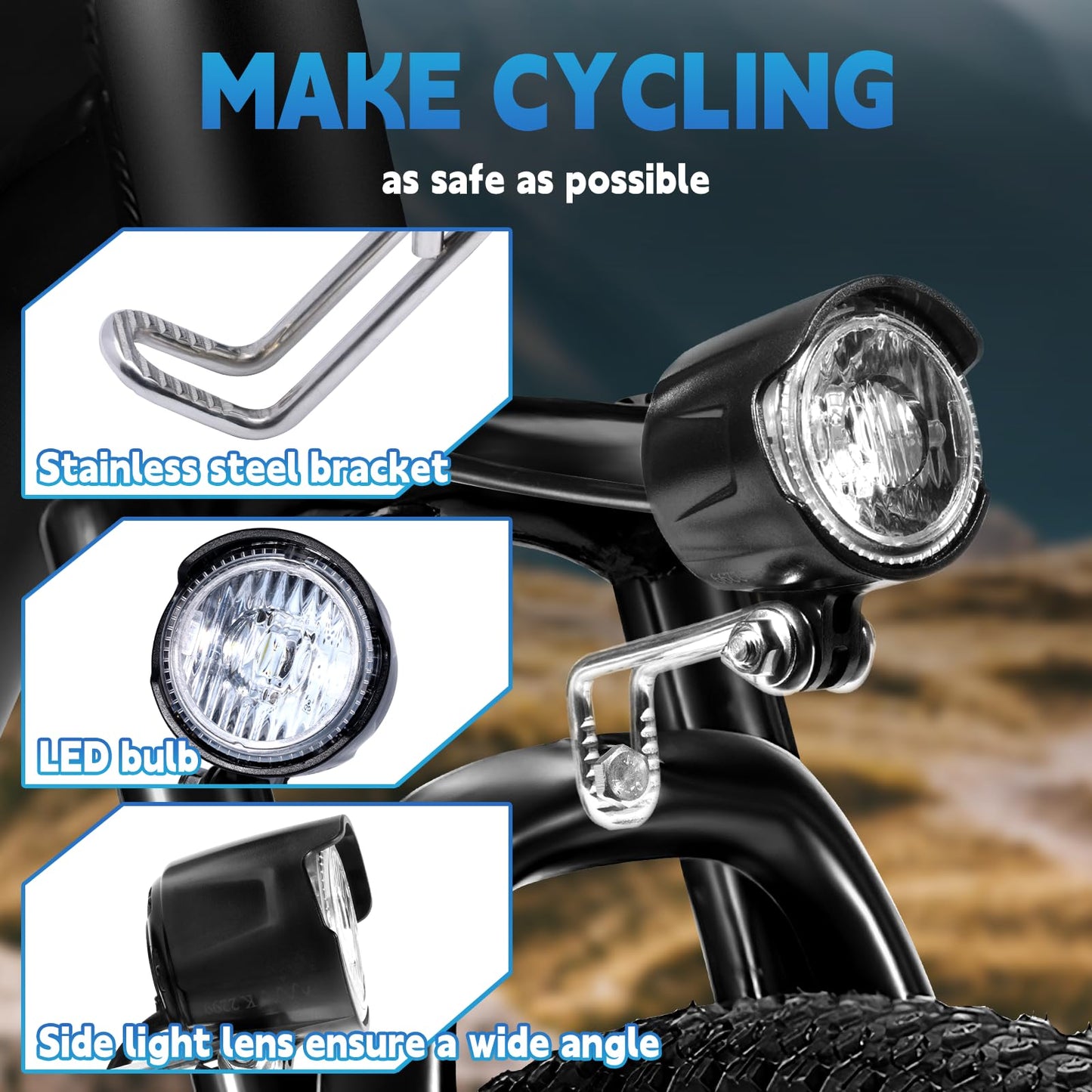 Universal eBike Headlight, 2 Pin Waterproof Connector, Wide Voltage DC 6V - 60V, Compatible with Electric Bike Bicycle Motorcycle & Scooter