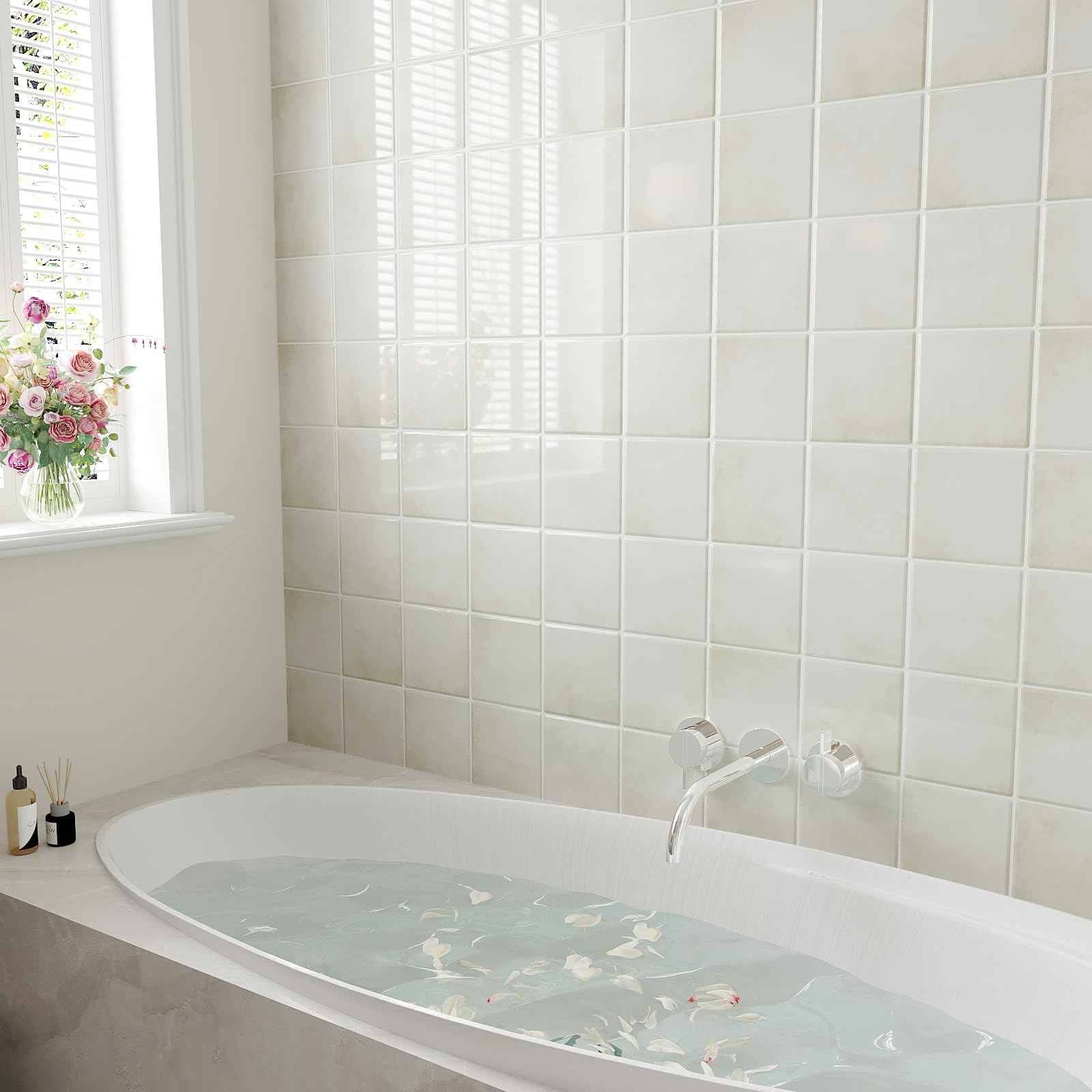 VEELIKE Cream Beige Peel and Stick Backsplash for Kitchen Square Peel and Stick Tile Backsplash 6 Sheets Self Adhesive Back Splash Tiles for Bathroom Waterproof Ceramic Wall Tile Stickers 12''x12''