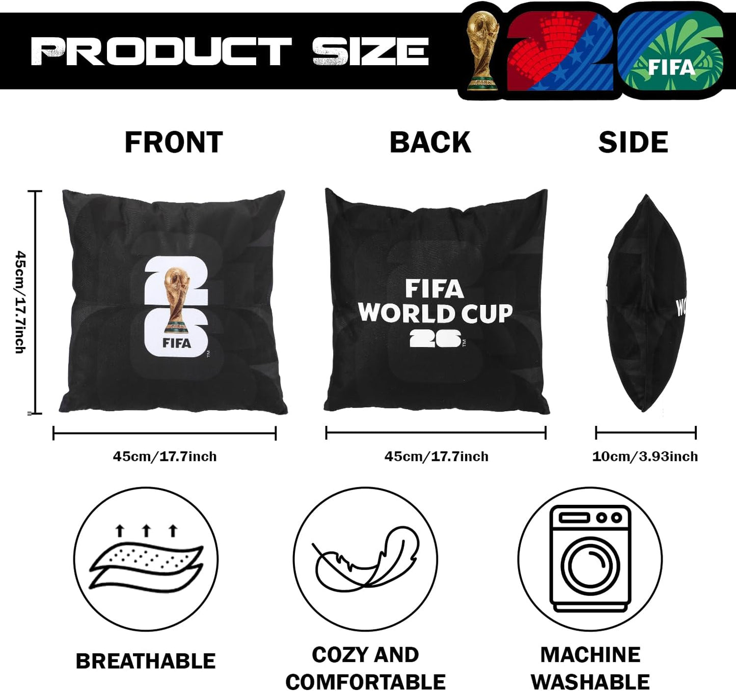 MESUCA FIFA World Cup 2026 Trophy Throw Pillow - Plush 18x18 Inch Cushion for Home Decor | Perfect Gift for Soccer Fans