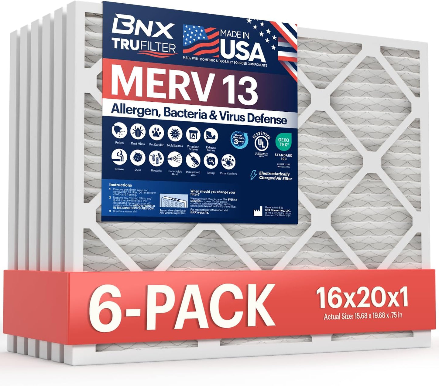 BNX TruFilter 12x12x1 MERV 8 Air Filters (6-Pack) - USA-Made Dust & Pet Defense for HVAC