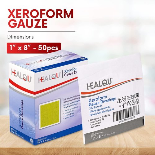 HEALQU Medical Xeroform Petrolatum Dressing 1x8-50 Count - Non-Adherent Gauze Pad for Low Exudating Wounds - Fine Mesh Gauze Patch Sterile for Wound Care Lacerations, Burns & Skin Grafts