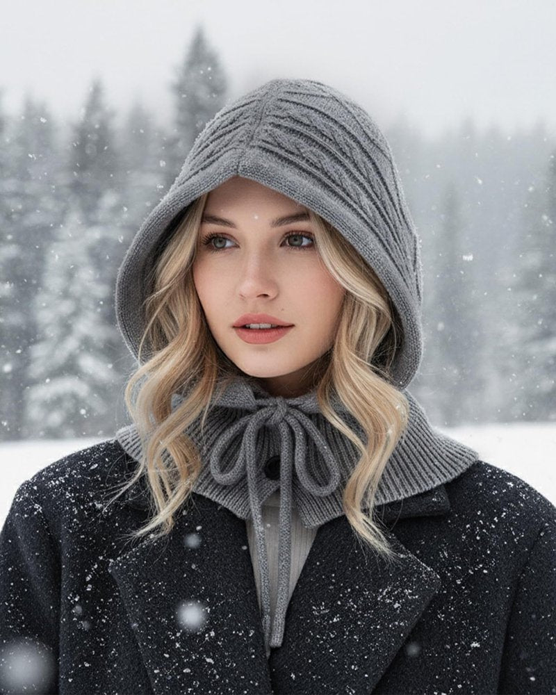 Peicees Knitted Balaclava Drawstring Hooded Scarf Hat Womens Beanie Skull Cap Winter Neck Gaiters Fashion Deep Grey