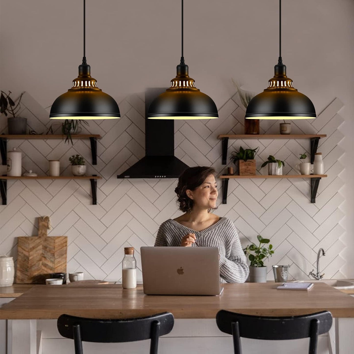 MgLoyht 3PCS Pendant Lights, Farmhouse Pendant Lamp with Metal Shade, Matte Black Industrial Pendant Lighting with E26 Base for Kitchen Island, Dining Room, Living Room, Bedroom, Hallway, 11.38in