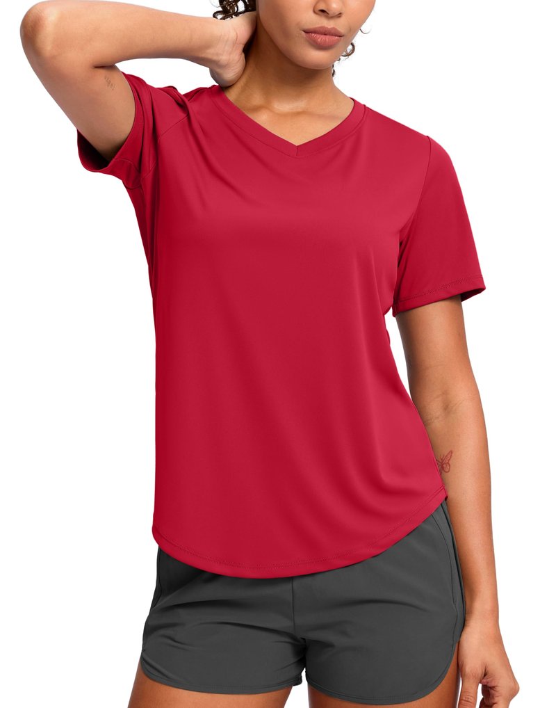 Womens Workout Shirts V-Neck Short Sleeve UPF 50+ Sun Shirt Moisture Wicking Dry Fit Top for Gym, Running, Athletic (Red, M)